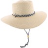 Capeline with rope as chin strap, internal drawstring for size adjustm