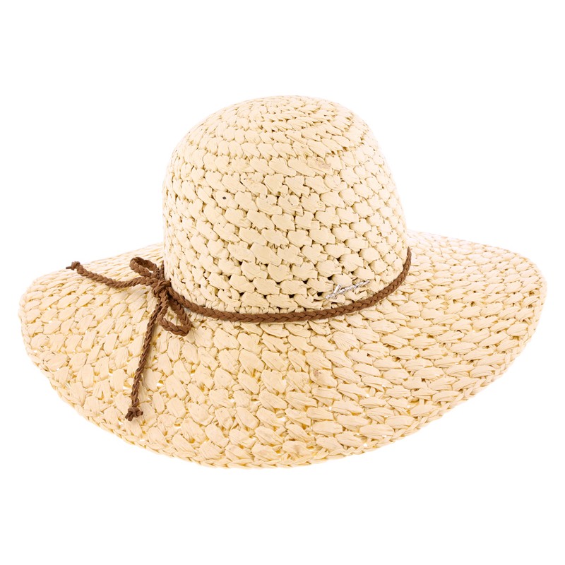 Capeline en paille papier unie avec fine ceinture tressée en faux cuir