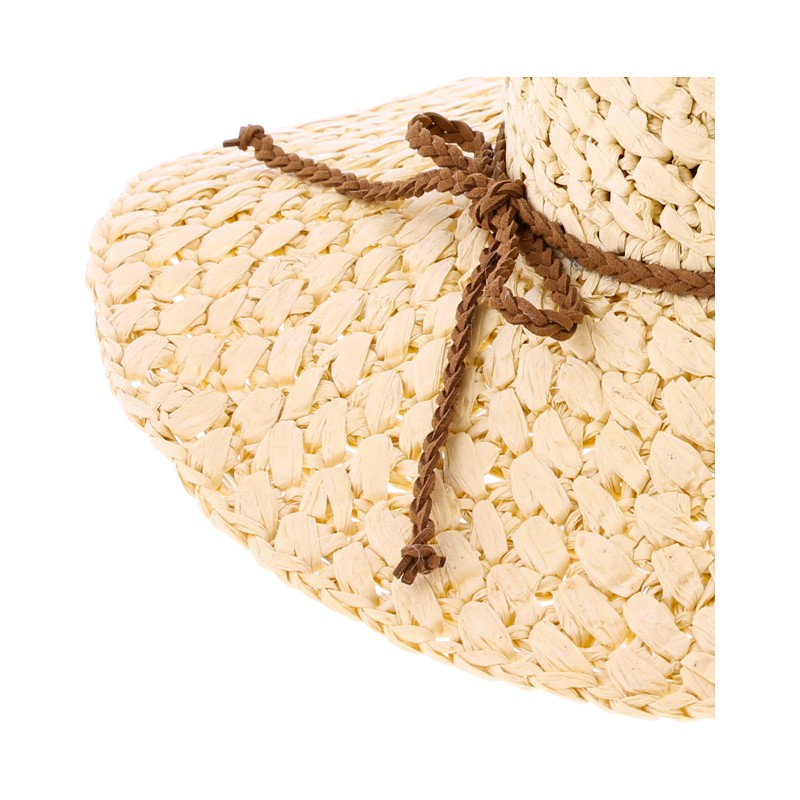 Capeline en paille papier unie avec fine ceinture tressée en faux cuir