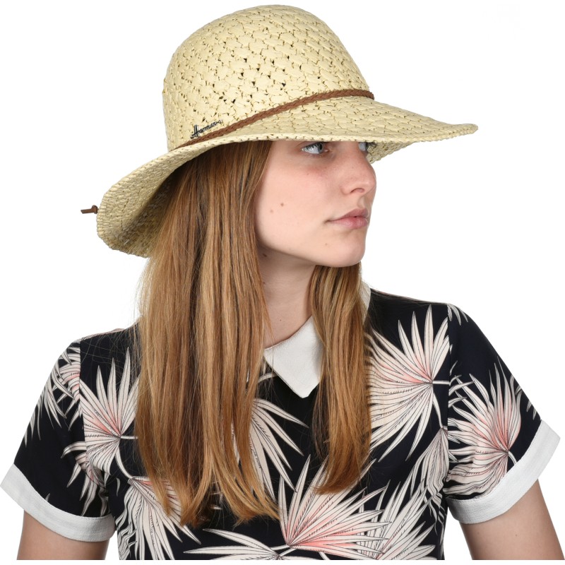 Capeline en paille papier unie avec fine ceinture tressée en faux cuir