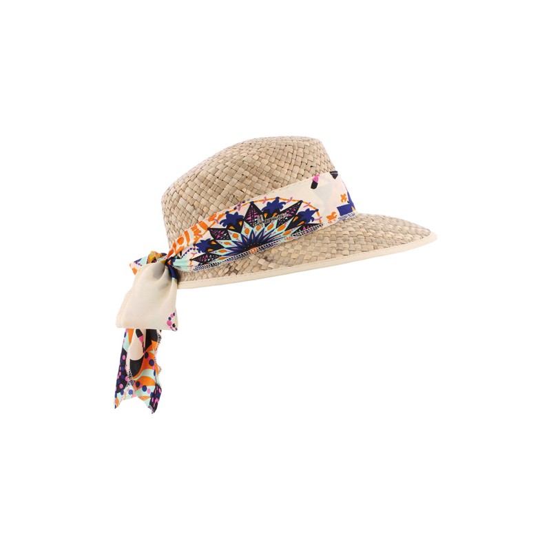 Casquette en paille naturelle unie avec foulard