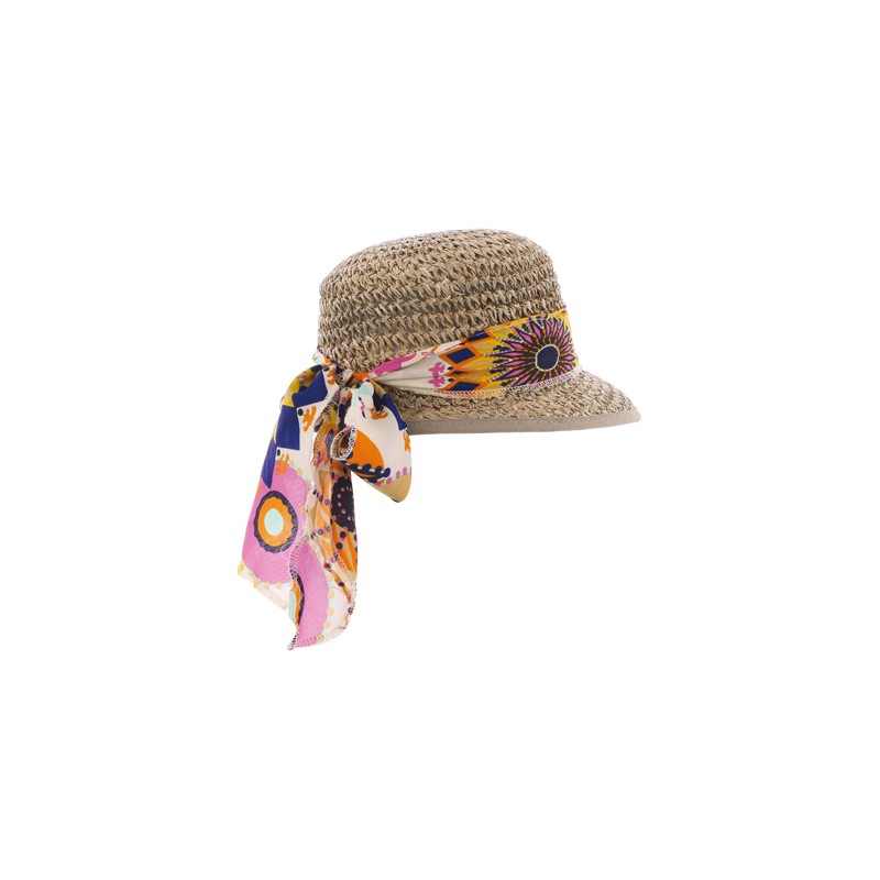 Casquette en paille jonc de mer décoration foulards Casquette en paille jonc de mer décoration foulards