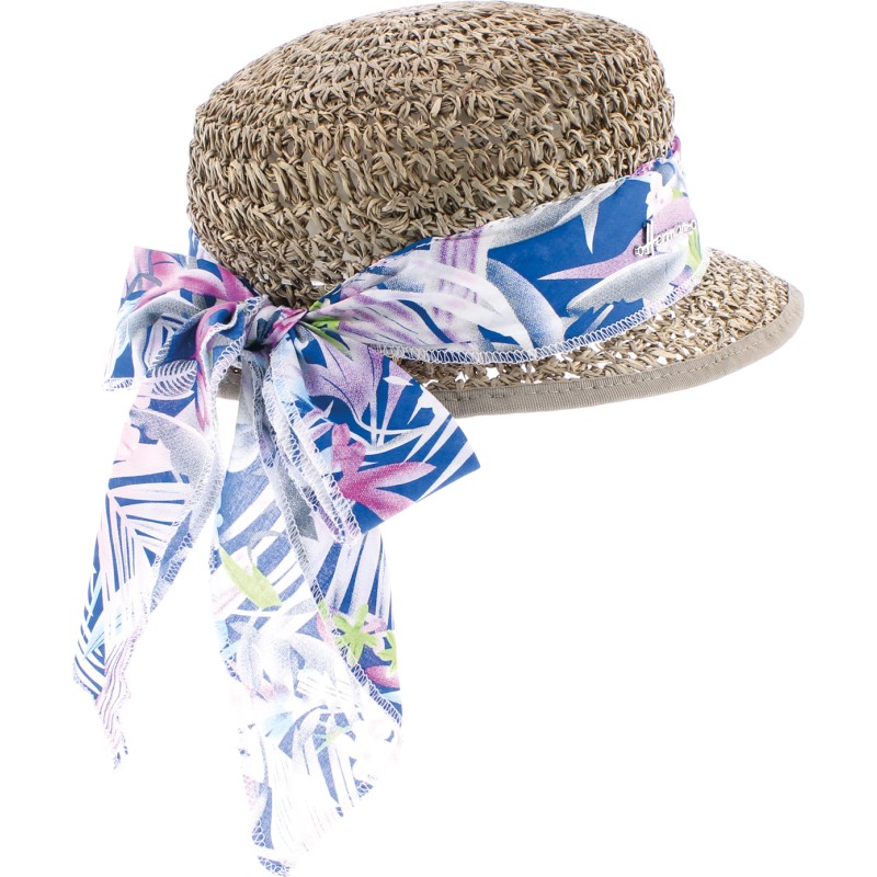 Casquette en paille jonc de mer décoration foulards Casquette en paille jonc de mer décoration foulards