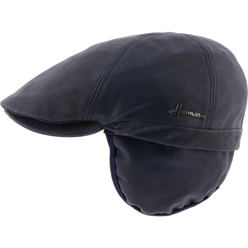 Casquette plate 6 panneaux en cuir avec cache oreille