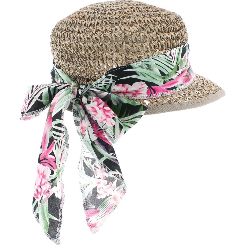 Casquette en paille jonc de mer décoration foulards Casquette en paille jonc de mer décoration foulards