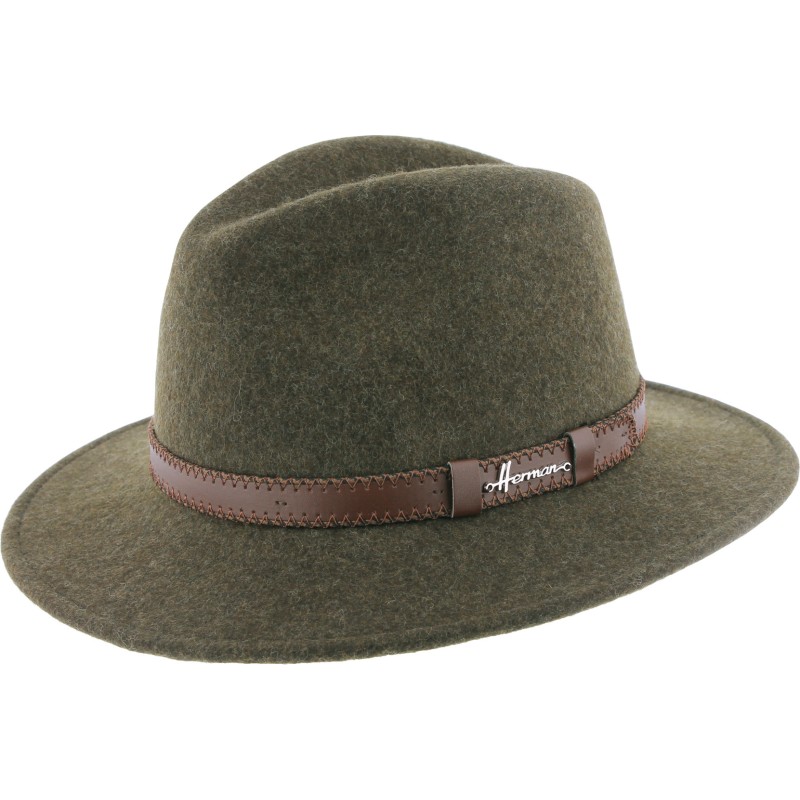 Chapeau adulte grand bord coupé cousu chiné avec ceinture surpiquée.