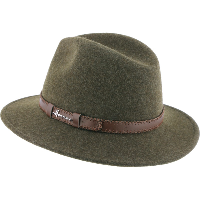 Chapeau adulte grand bord coupé cousu chiné avec ceinture surpiquée.