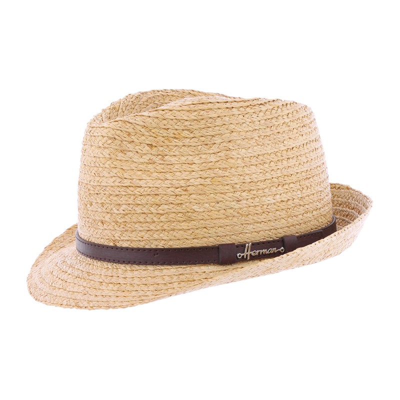 Chapeau petit bord en raphia naturel cousu avec une cei