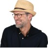 Chapeau petit bord en raphia naturel cousu avec une cei