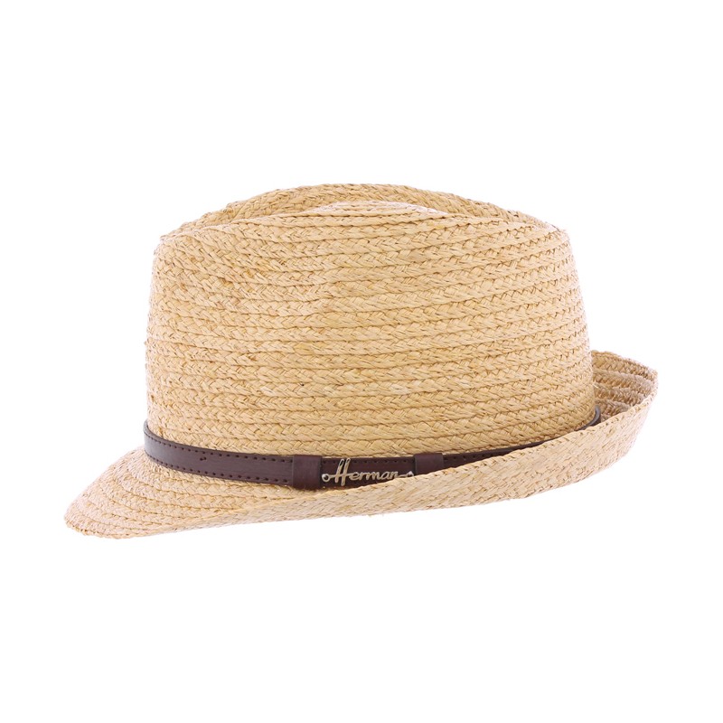 Chapeau petit bord en raphia naturel cousu avec une cei