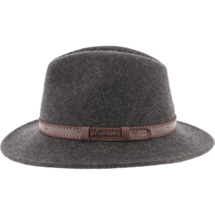 Chapeau adulte grand bord coupé cousu chiné avec ceinture surpiquée.