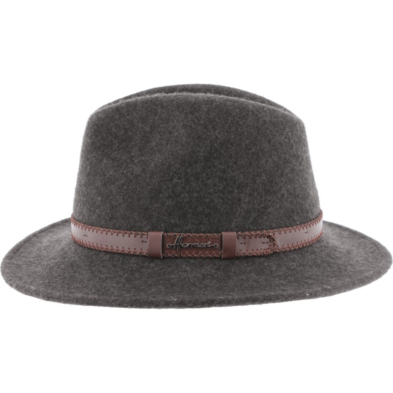Chapeau adulte grand bord coupé cousu chiné avec ceinture surpiquée.