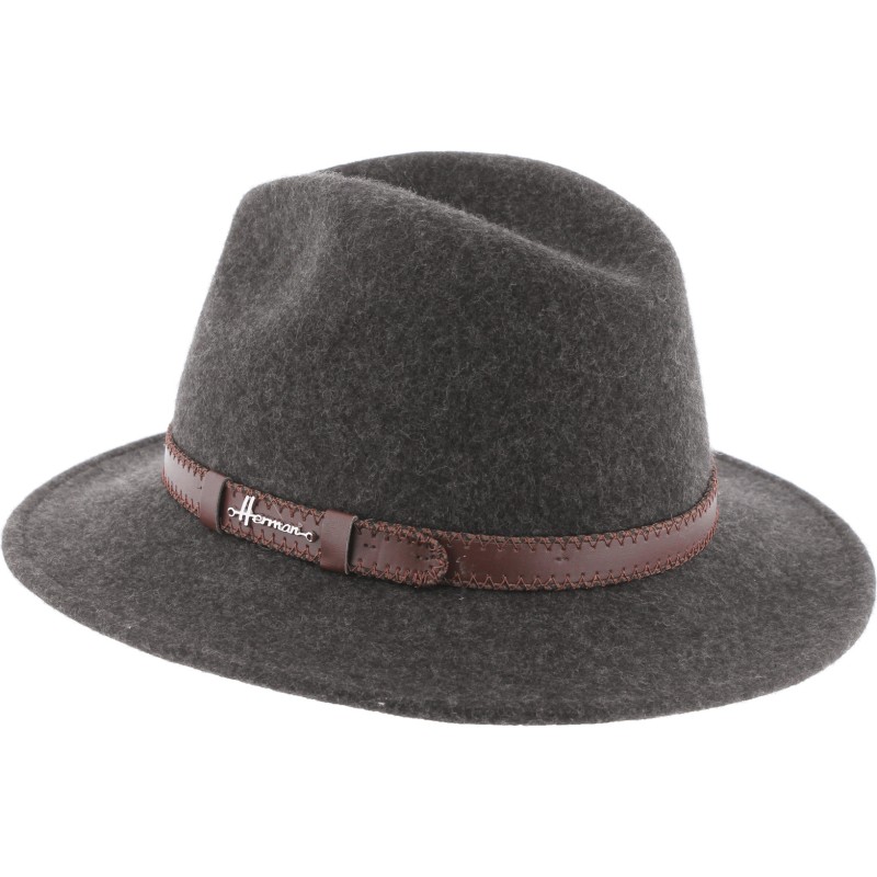 Chapeau adulte grand bord coupé cousu chiné avec ceinture surpiquée.