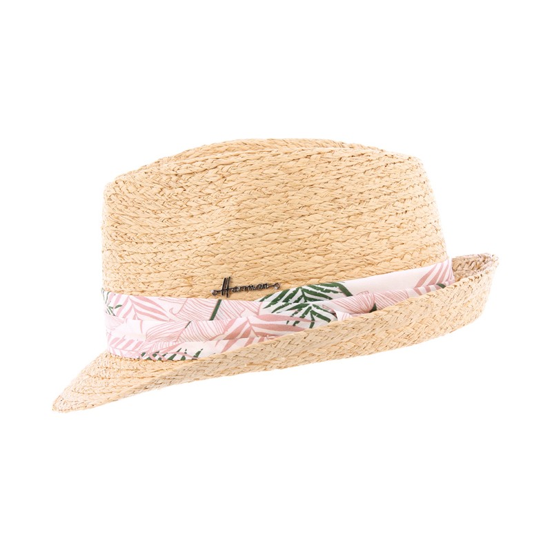 Chapeau petit bord en raphia naturel cousu. Gros grain