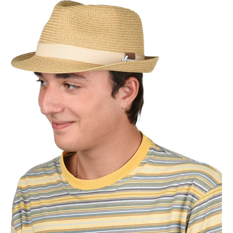 Chapeau petit bord relevé en paille papier uni avec ruban Chapeau petit bord relevé en paille papier uni avec ruban
