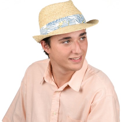 Chapeau petit bord en raphia naturel cousu. Gros grain