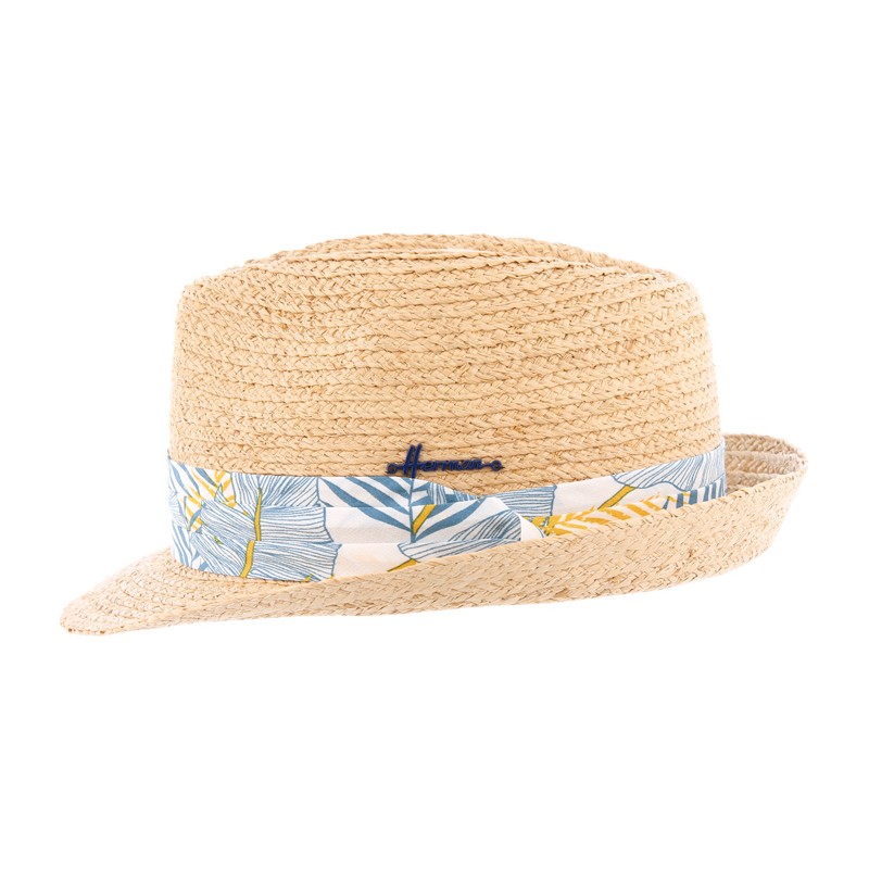 Chapeau petit bord en raphia naturel cousu. Gros grain
