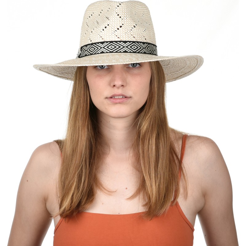 Chapeau grand bord en paille papier bandeau géometrique et cordon de s Chapeau grand bord en paille papier bandeau géometrique et cordon de s