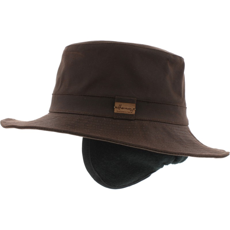 Chapeau grand bord coton huilé uni avec rabats oreilles