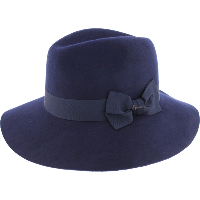 Chapeau grand bord femme en laine uni avec ruban et noeud