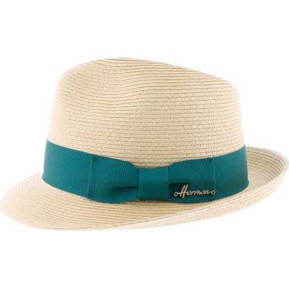 Small brim hat, raised at the back, paper braid, plain hatband with bo