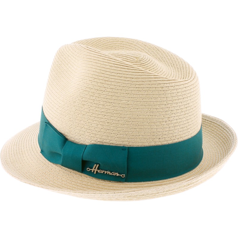 Chapeau petit bord relevé à l'arrière  en paille papier cousue bandeau