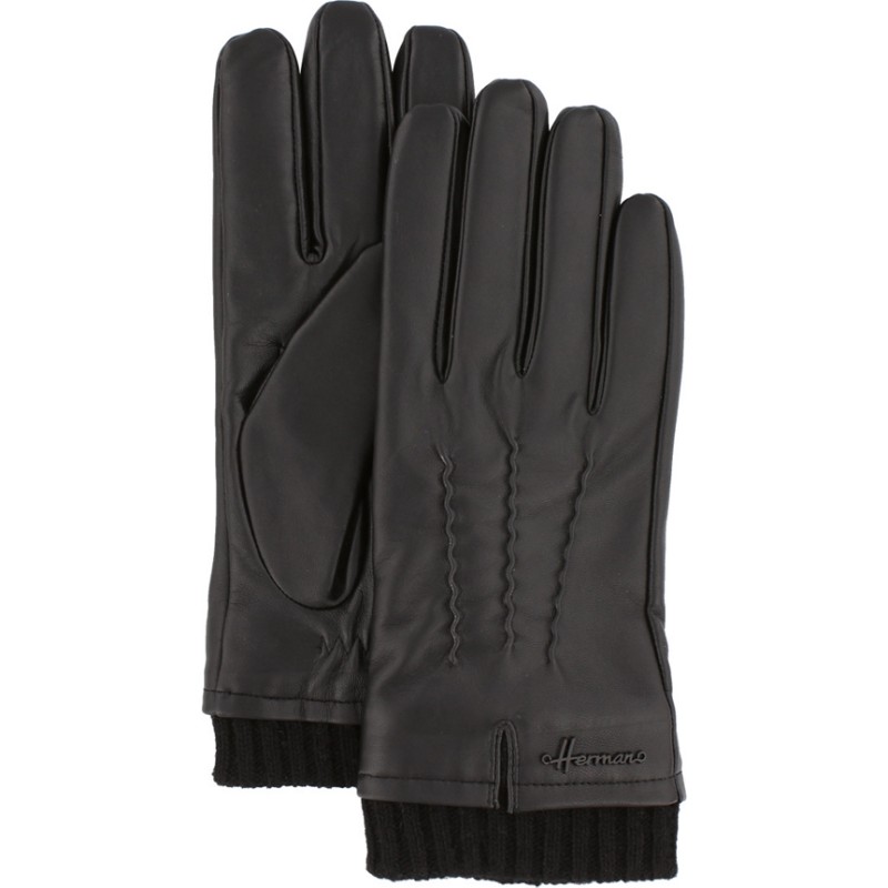 gant homme en cuir noir, avec doublure en laine