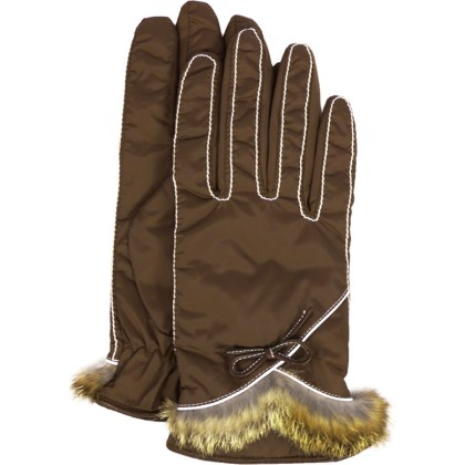 Gant nylon uni + surpiqures + bord fourrure lapin