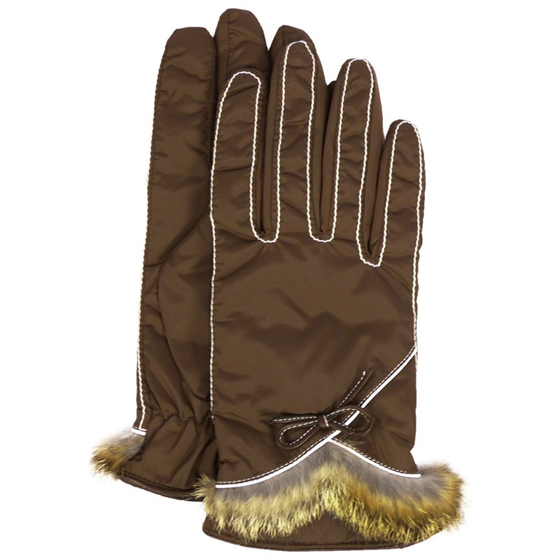 Gant nylon uni + surpiqures + bord fourrure lapin