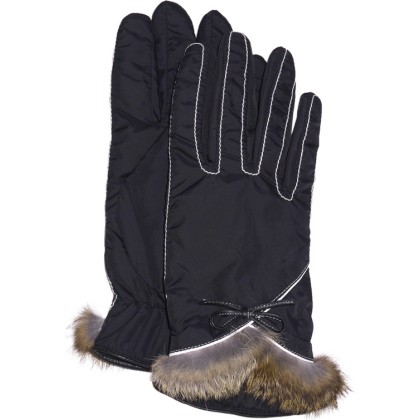 Gant nylon uni + surpiqures + bord fourrure lapin