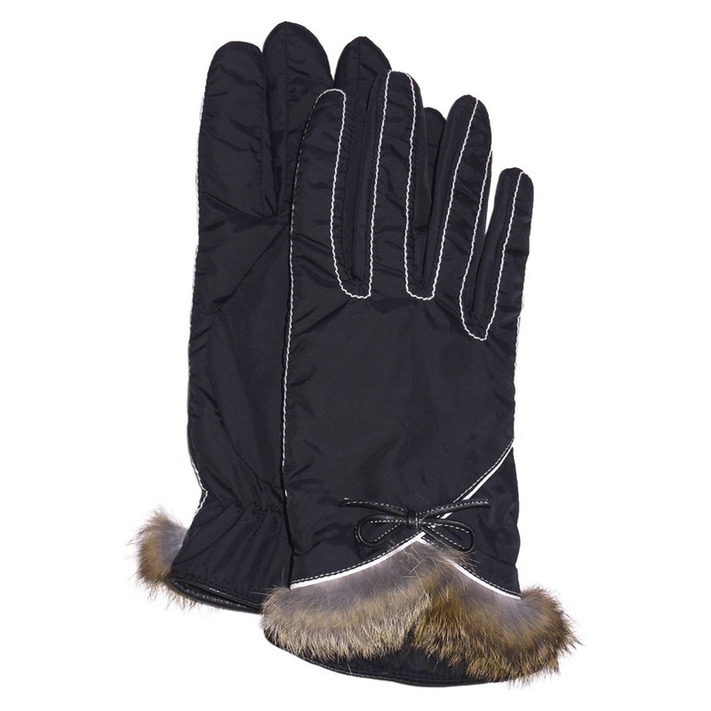 Gant nylon uni + surpiqures + bord fourrure lapin