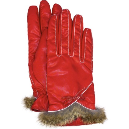 Gant nylon uni + surpiqures + bord fourrure lapin