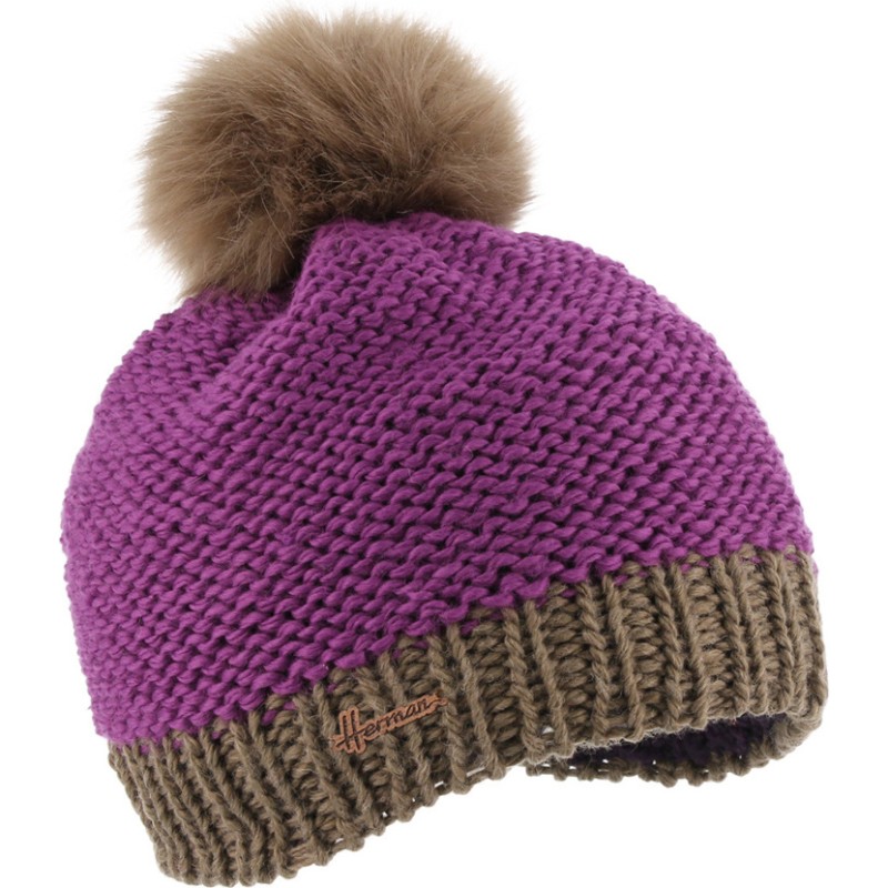 Bonnet bicolore avec pompon fausse fourrure