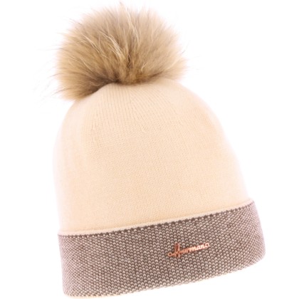 BONNET ROND BICOLORE CHINE AVEC REVERS ET POMPON FAUSSE FOURRURE DOUBL