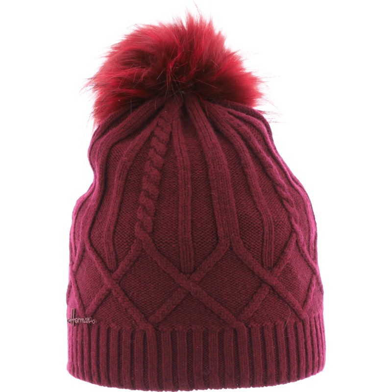 bonnet pompon femme hiver herman en maille coloris bordeaux