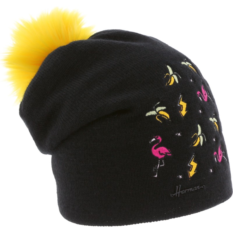 bonnet enfant pompon broderies flamands roses