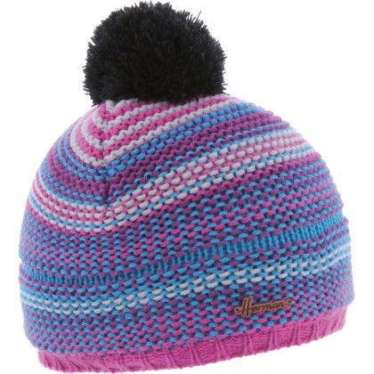 bonnet enfant pompon rayures mauves bleues