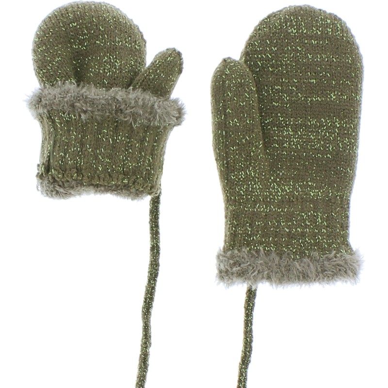 Baby mittens in plain knit with lurex wrist and teddy plush lining wit