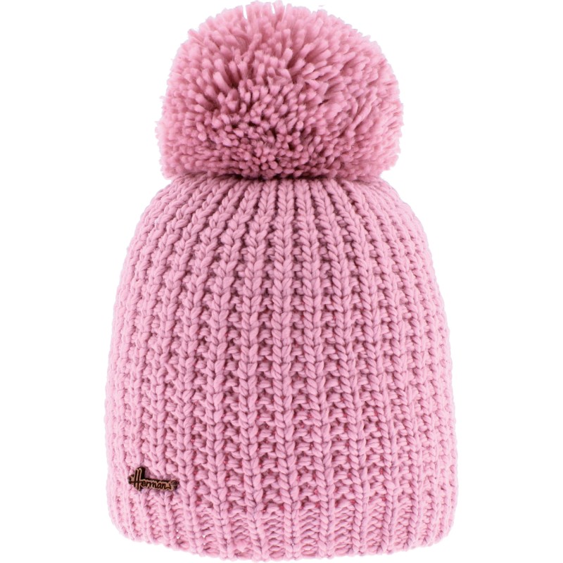 bonnet pompon en maille uni rose