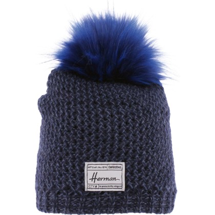 bonnet hiver pompon bleu en fausse fourrure
