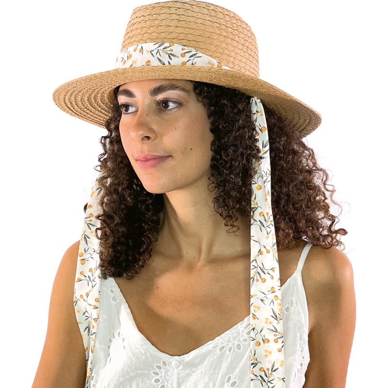 Chapeau en paille raphia avec foulard amovible et cordon de serrage in Chapeau en paille raphia avec foulard amovible et cordon de serrage in