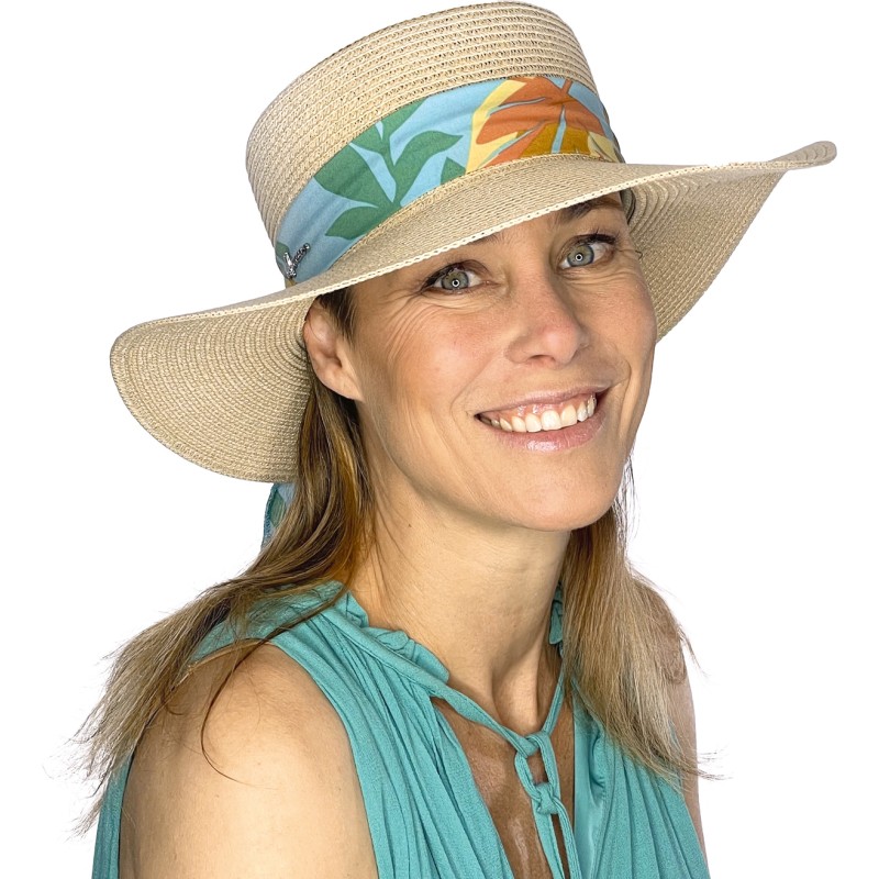 Chapeau en paille papier à grand bord et calotte plate avec foulard fl Chapeau en paille papier à grand bord et calotte plate avec foulard fl