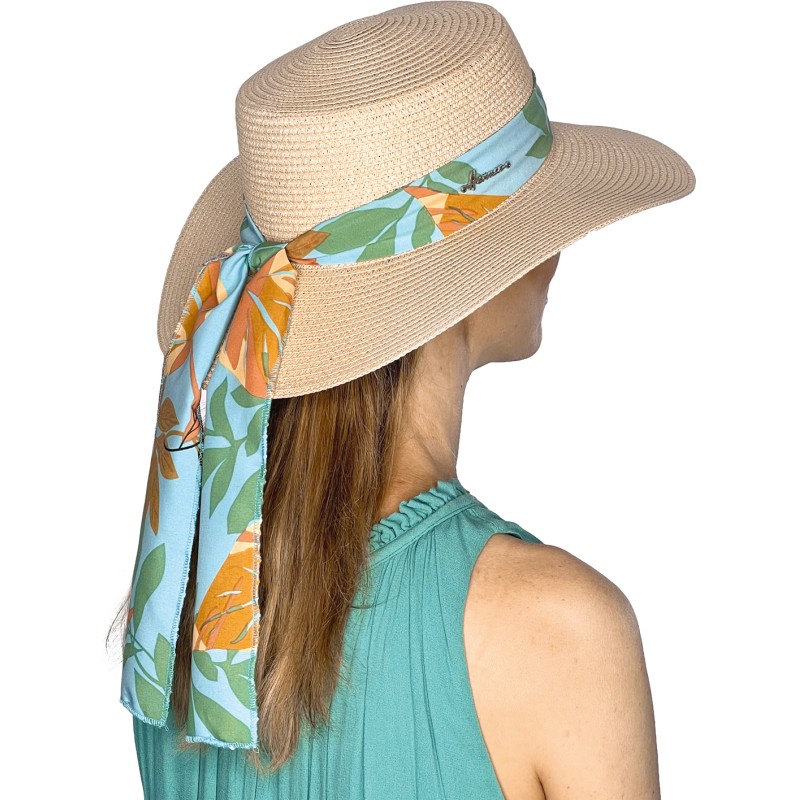 Chapeau en paille papier à grand bord et calotte plate avec foulard fl Chapeau en paille papier à grand bord et calotte plate avec foulard fl