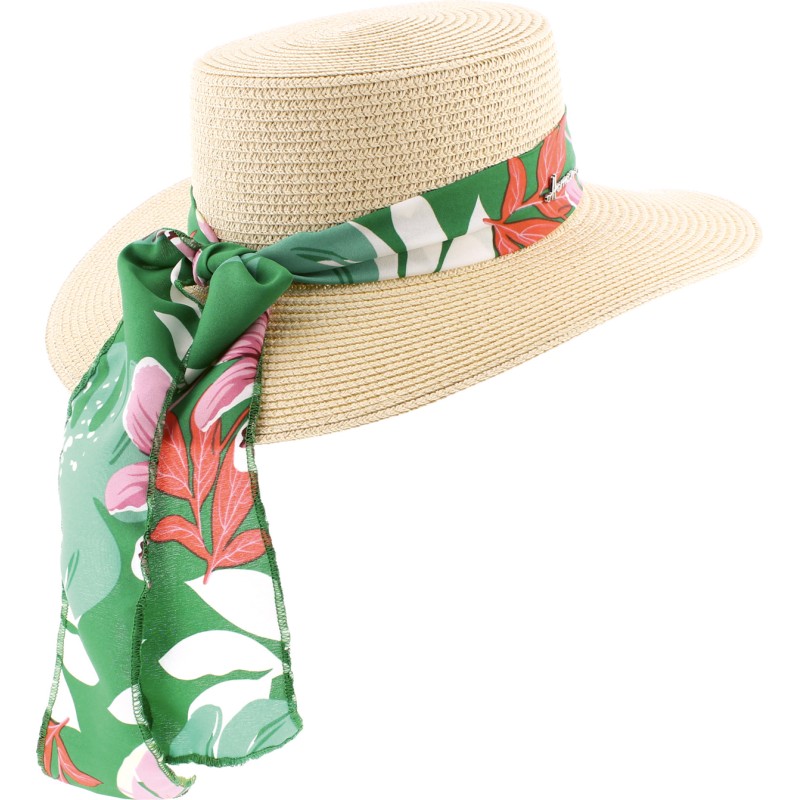Chapeau en paille papier à grand bord et calotte plate avec foulard fl Chapeau en paille papier à grand bord et calotte plate avec foulard fl