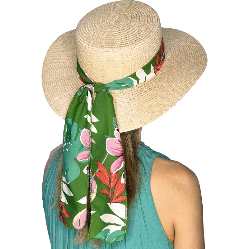 Chapeau en paille papier à grand bord et calotte plate avec foulard fl Chapeau en paille papier à grand bord et calotte plate avec foulard fl