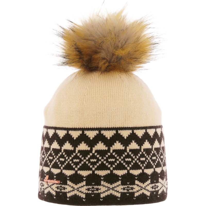 BONNET ROND BICOLORE AVEC JACQUARD ET POMPON FAUSSE FOURRURE DOUBLE EN