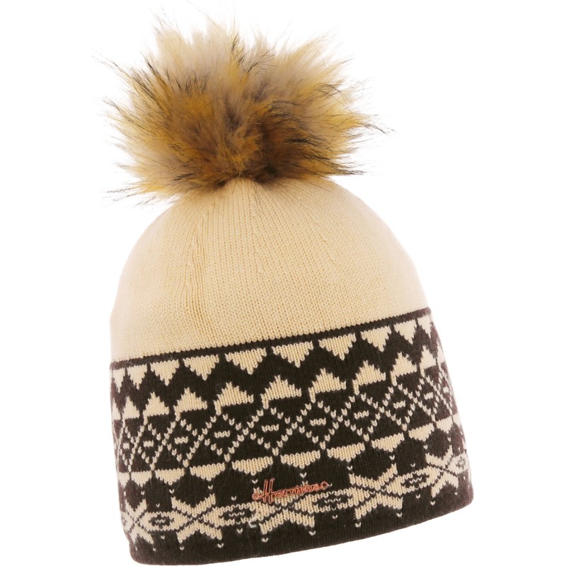 BONNET ROND BICOLORE AVEC JACQUARD ET POMPON FAUSSE FOURRURE DOUBLE EN