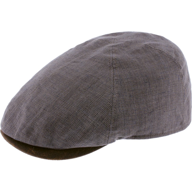 Plain color linen  flat cap with pu leather under the peak.