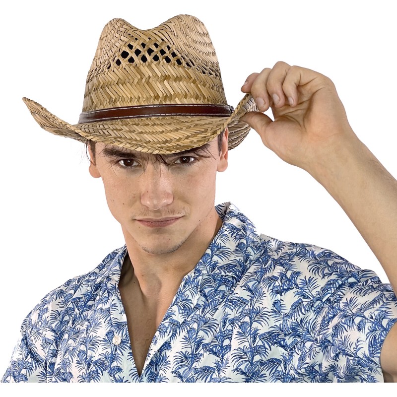 Chapeau cowboy en paille naturelle avec ceinture en faux cuir Chapeau cowboy en paille naturelle avec ceinture en faux cuir