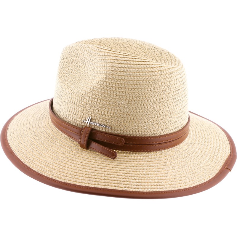 Large brim hat in paper straw  - pu leatherbelt and pu bound edge brim